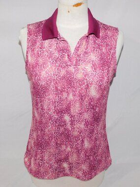 Nancy Lopez Purple White Floral Sleeveless V Neck Golf Polo Shirt Womens M